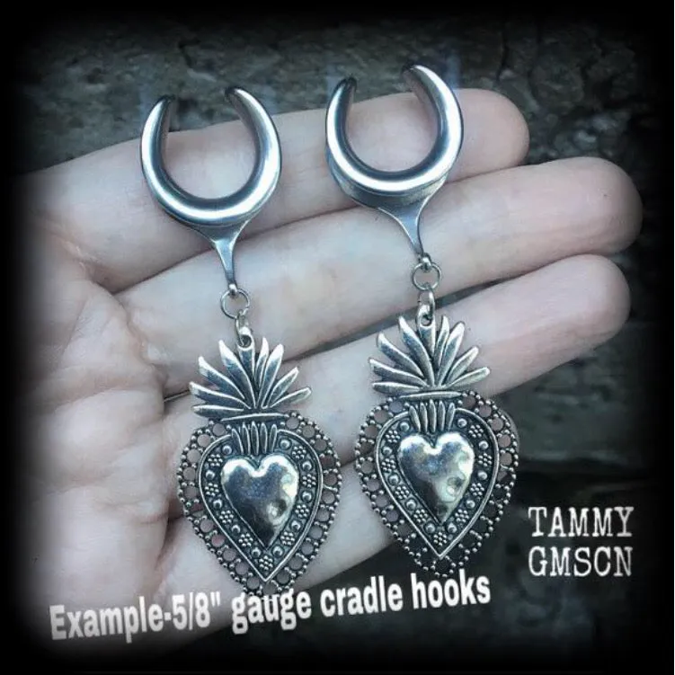 Sacred heart gauged earrings-Milagros heart ear hangers