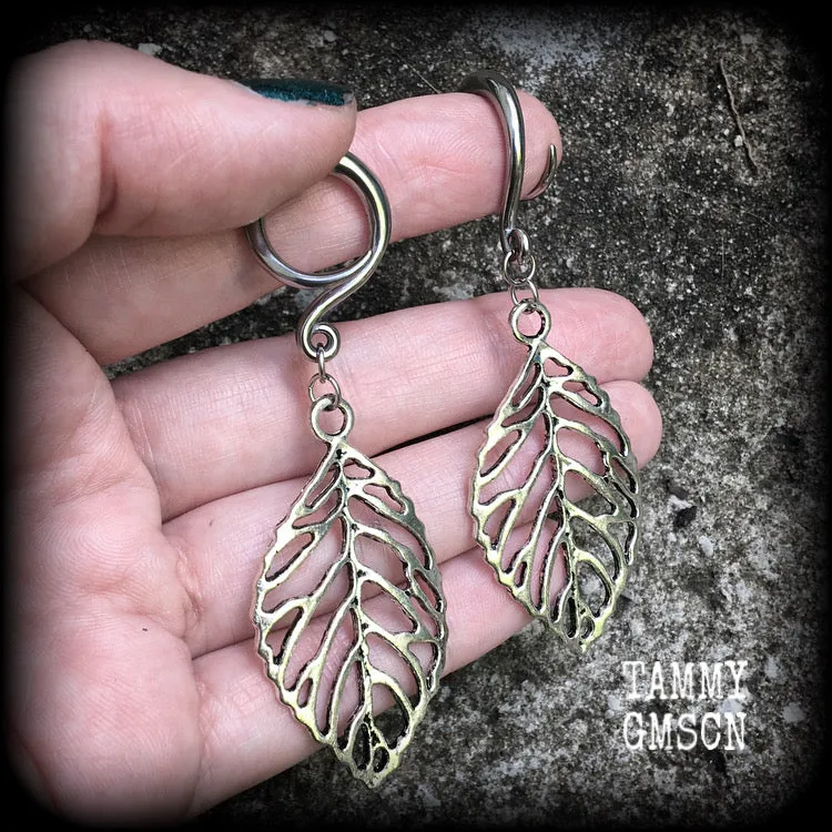 Skeleton leaf gauged earrings-Leaf ear weights